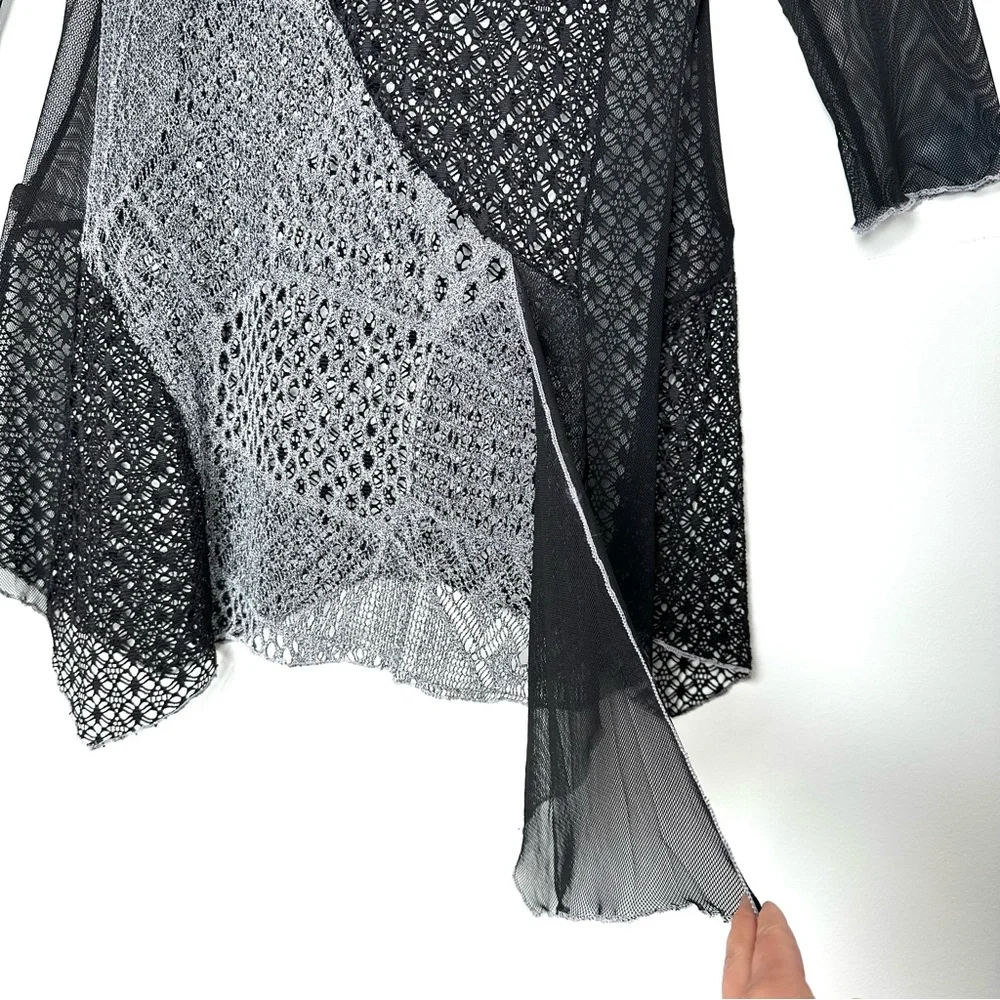 Boho Y2K Black Sheer Crochet Patchwork Whimsigoth Asymmetrical Mixed Media Tunic - Picture 6 of 9